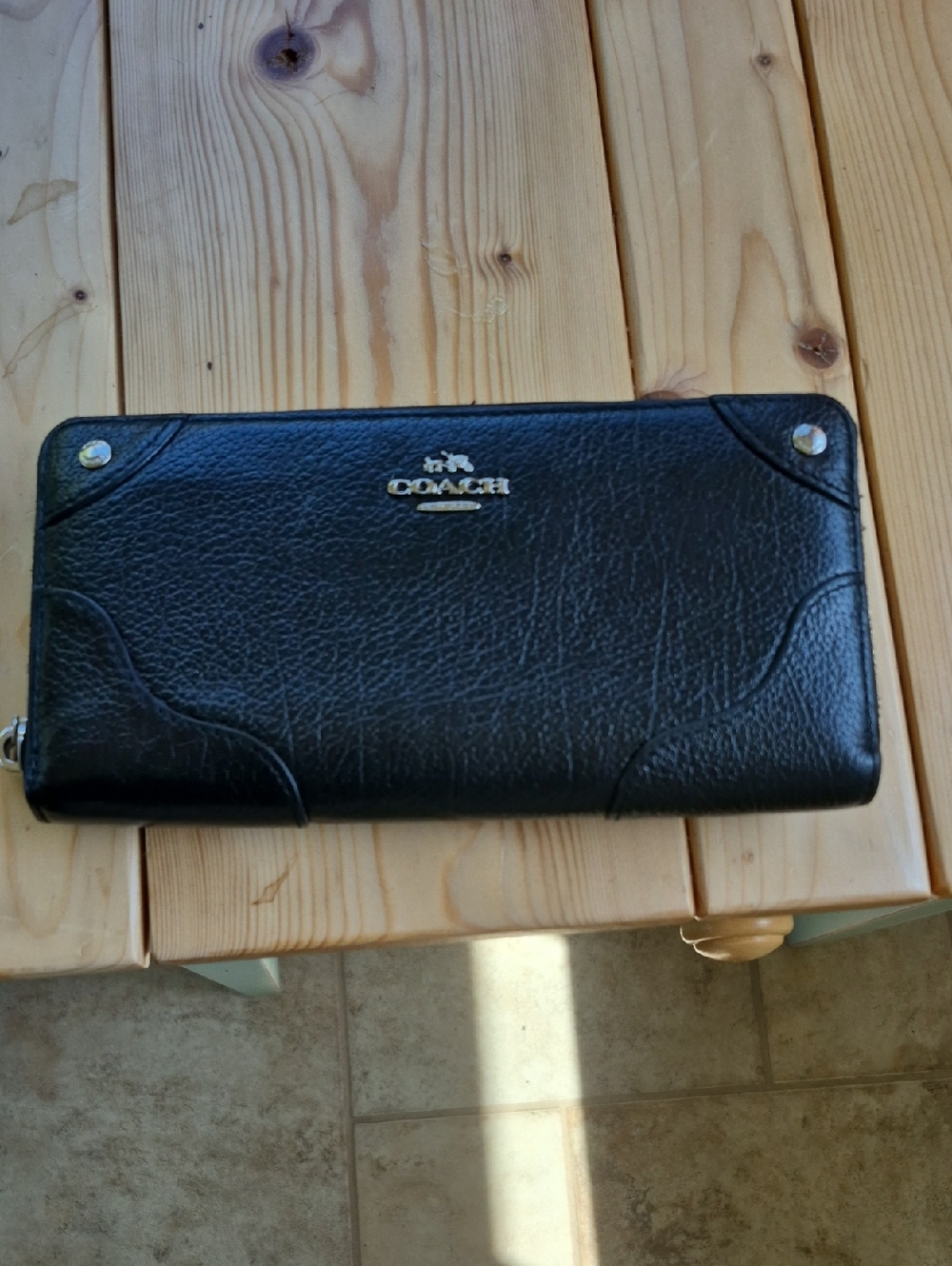 Coach Black Pebbled Leather Zip Wallet with Gold Logo